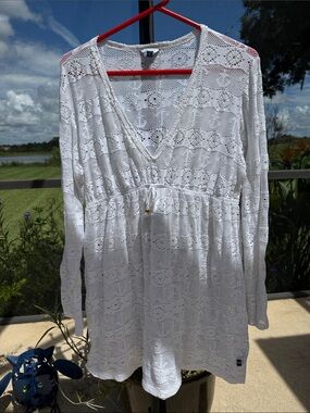 Nautica White Crochet V-Neck Long-Sleeve Swim Coverup